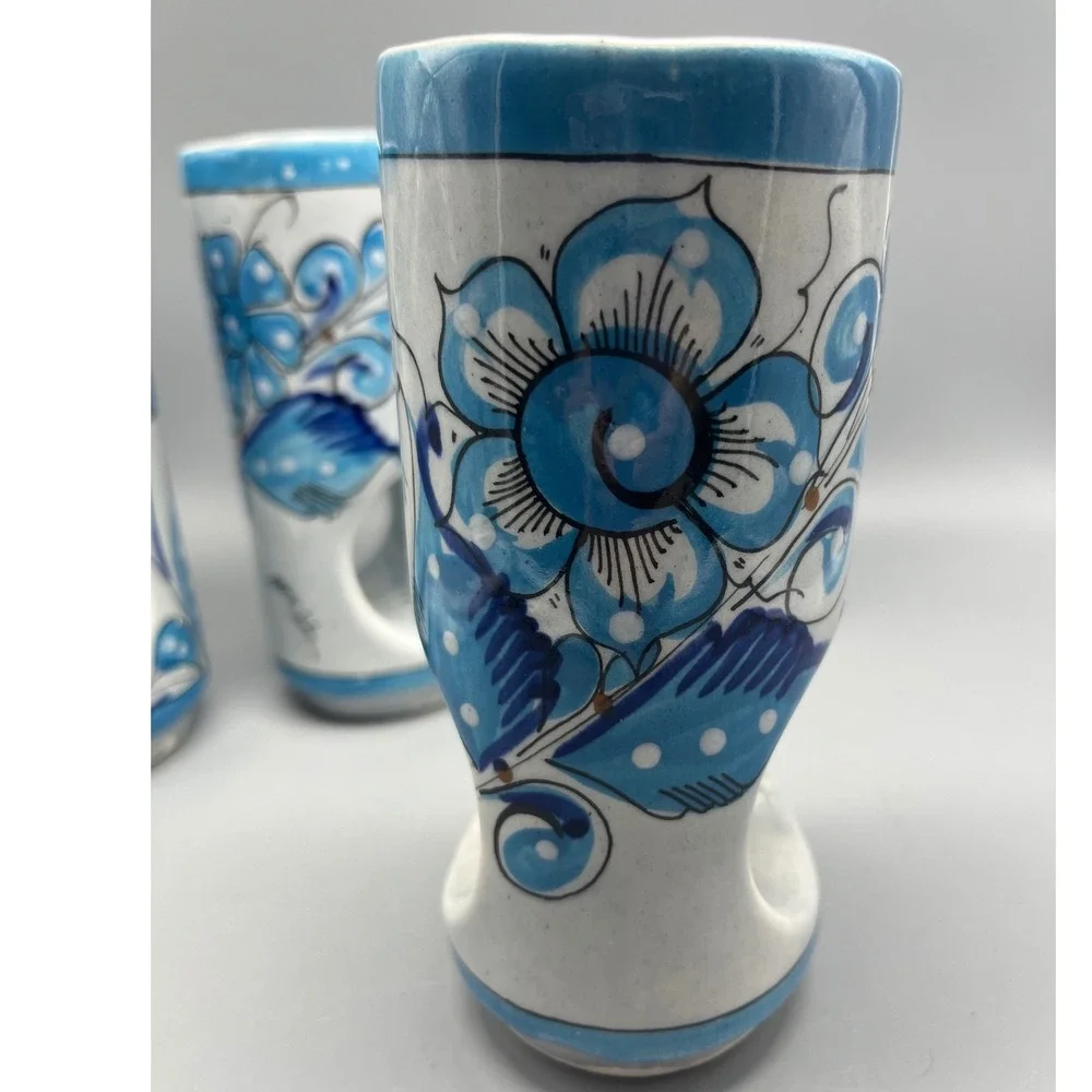 4 Tonala Pierced Tumblers Blue Bird , Flowers Hand Painted Vtg Mexico‎ Pottery